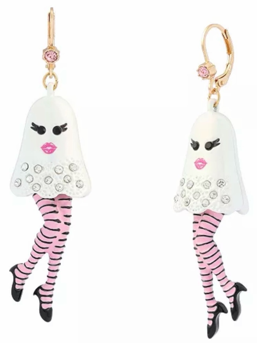 Betsey Johnson Girly Ghost Halloween Dangle Earrings Striped Stockings 2.5” NWT